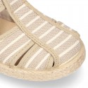 Stripes print Cotton canvas kids Sandal T-Strap espadrille shoes with hook and loop strap.