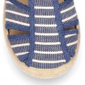 Stripes print Cotton canvas kids Sandal T-Strap espadrille shoes with hook and loop strap.