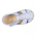 Stripes print Cotton canvas kids Sandal T-Strap espadrille shoes with hook and loop strap.