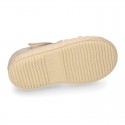 Stripes print Cotton canvas kids Sandal T-Strap espadrille shoes with hook and loop strap.