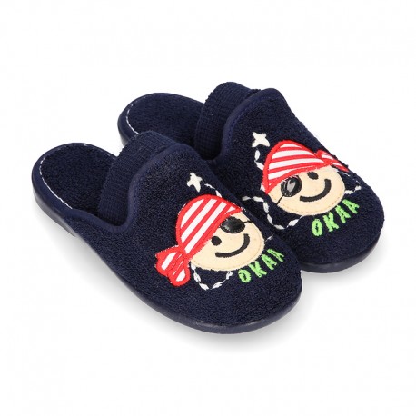 PIRATE print Terry cloth Home shoes with elastic strap.