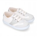 Combined cotton canvas kids tennis shoes with laces closure.