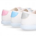 Combined cotton canvas kids tennis shoes with laces closure.