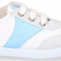 Combined cotton canvas kids tennis shoes with laces closure.