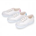 Combined cotton canvas kids tennis shoes with laces closure.