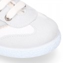 Combined cotton canvas kids tennis shoes with laces closure.