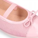 Girl´s MICROFIBER combined with PATENT finish ballet flats with ribbon and elastic band.