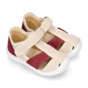 WASHED combined cotton canvas kids sandal shoes with hook and loop strap closure.