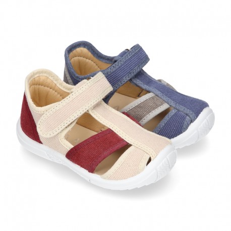 WASHED combined cotton canvas kids sandal shoes with hook and loop strap closure.