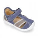 WASHED combined cotton canvas kids sandal shoes with hook and loop strap closure.