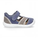 WASHED combined cotton canvas kids sandal shoes with hook and loop strap closure.