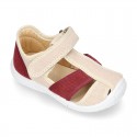 WASHED combined cotton canvas kids sandal shoes with hook and loop strap closure.