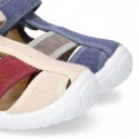 WASHED combined cotton canvas kids sandal shoes with hook and loop strap closure.