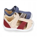 WASHED combined cotton canvas kids sandal shoes with hook and loop strap closure.