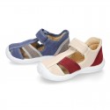 WASHED combined cotton canvas kids sandal shoes with hook and loop strap closure.