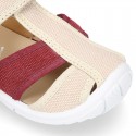 WASHED combined cotton canvas kids sandal shoes with hook and loop strap closure.