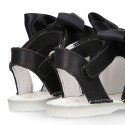 BLACK Shiny soft leather Menorquina sandals for baby girls and BOW.