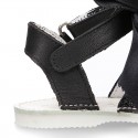 BLACK Shiny soft leather Menorquina sandals for baby girls and BOW.