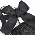 BLACK Shiny soft leather Menorquina sandals for baby girls and BOW.