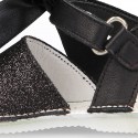 BLACK Shiny soft leather Menorquina sandals for baby girls and BOW.