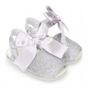 METAL Shiny soft leather Menorquina sandals for baby girls and BOW.