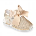 METAL Shiny soft leather Menorquina sandals for baby girls and BOW.