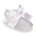 METAL Shiny soft leather Menorquina sandals for baby girls and BOW.