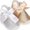 METAL Shiny soft leather Menorquina sandals for baby girls and BOW.