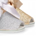 METAL Shiny soft leather Menorquina sandals for baby girls and BOW.
