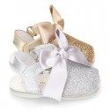 METAL Shiny soft leather Menorquina sandals for baby girls and BOW.