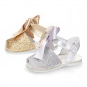 METAL Shiny soft leather Menorquina sandals for baby girls and BOW.