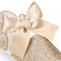 METAL Shiny soft leather Menorquina sandals for baby girls and BOW.