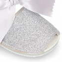 METAL Shiny soft leather Menorquina sandals for baby girls and BOW.