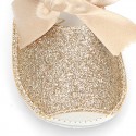 METAL Shiny soft leather Menorquina sandals for baby girls and BOW.