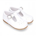 Chopped design kids OKAA little T-bar shoes with buckle fastening in nappa leather.