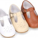 Chopped design kids OKAA little T-bar shoes with buckle fastening in nappa leather.