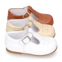 Chopped design kids OKAA little T-bar shoes with buckle fastening in nappa leather.