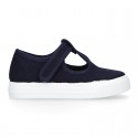 Cotton Canvas Little T-Bar shoes sneaker style with hook and loop strap.