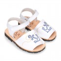 Embroidery leather Menorquina sandals with hook and loop strap.