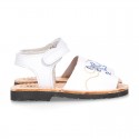 Embroidery leather Menorquina sandals with hook and loop strap.