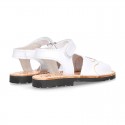 Embroidery leather Menorquina sandals with hook and loop strap.