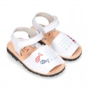 Embroidery leather Menorquina sandals with hook and loop strap.