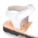 Embroidery leather Menorquina sandals with hook and loop strap.