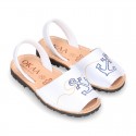 Embroidery leather Kids Menorquina sandals with rear strap.