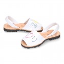 Embroidery leather Kids Menorquina sandals with rear strap.