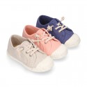 RECYCLED Canvas Kids Sneaker shoes laceless and with toe cap in soft colors.