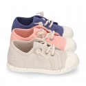RECYCLED Canvas Kids Sneaker shoes laceless and with toe cap in soft colors.