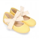 Girl Fashion colors LINEN canvas Ballet Flat shoes angel style with big ribbon closure.