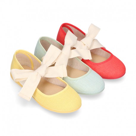 Girl Fashion colors LINEN canvas Ballet Flat shoes angel style with big ribbon closure.