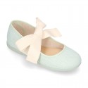 Girl Fashion colors LINEN canvas Ballet Flat shoes angel style with big ribbon closure.